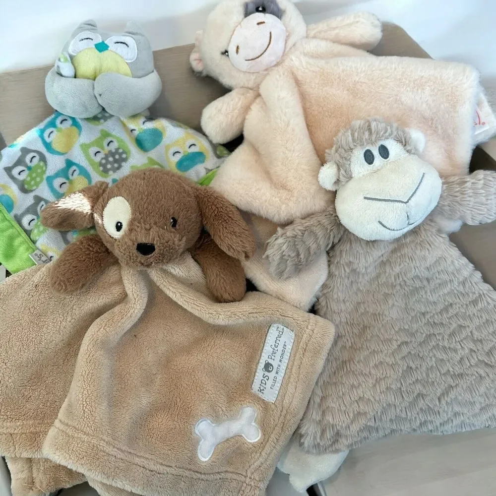 Lot of Lovey Security Blankets Soft Baby Dog Cow‎ Monkey Owl Plush Animals Clean